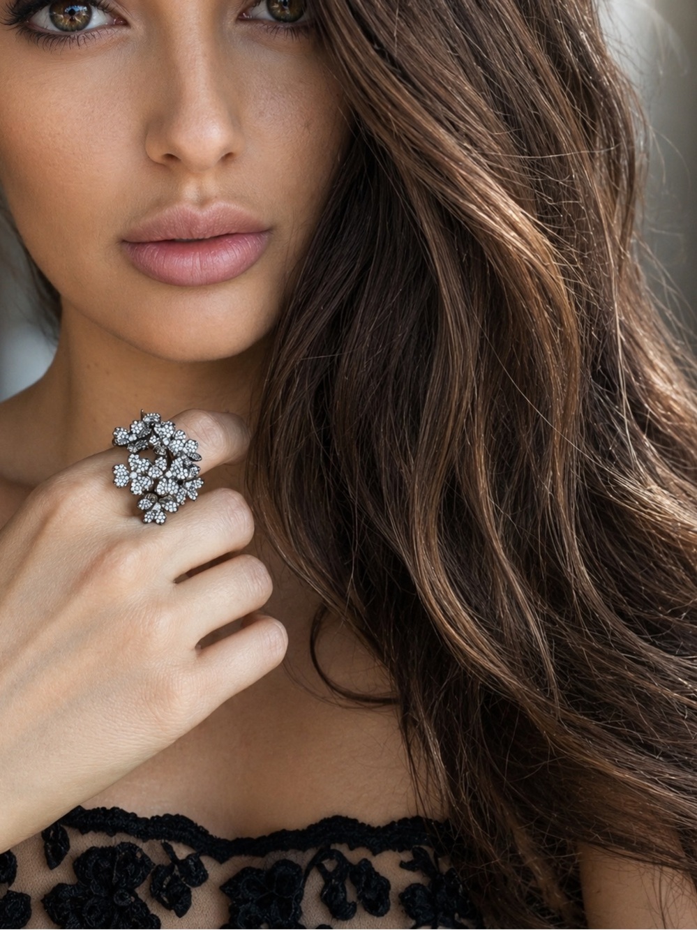 Sparkling Floral Cluster Silver Ring - White Crystal